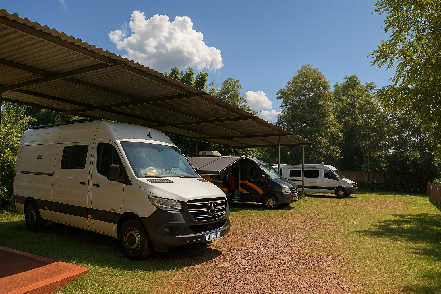 Motorhome estacionado na área exclusiva do Camping Tierra Roja em Iguazú, Misiones, com cobertura protetora e selva ao fundo.
